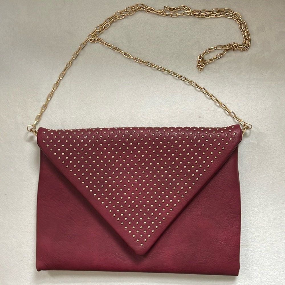 Urban Expressions Gold & Burgundy leather Clutch w/ detachable chain.